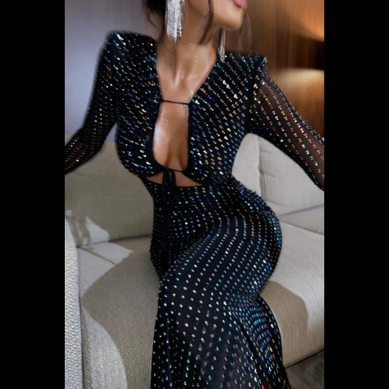 Women's Sequins Tie Front Maxi Long Sleeve Bandage Dress