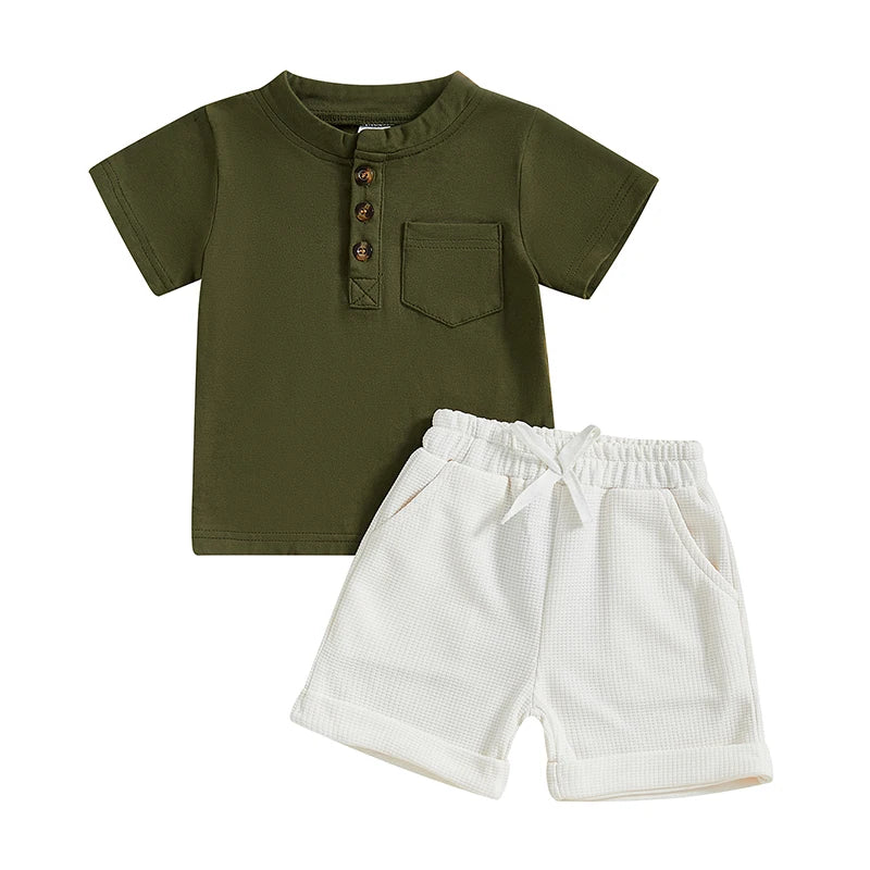 Casual Summer Baby Boys Button-Up Outfit Set - Round-Neck Top & Solid Color Shorts (0-4Y)