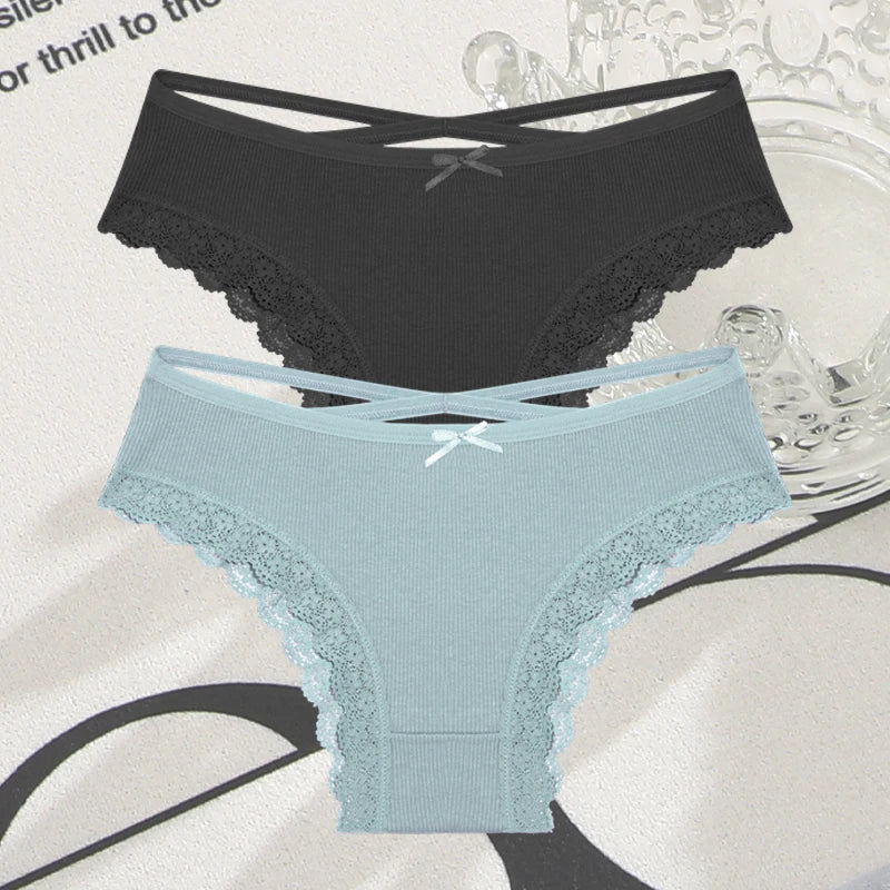 Women's Cotton Panties - 2 Pack Lace Brazilian Briefs Low-Waist