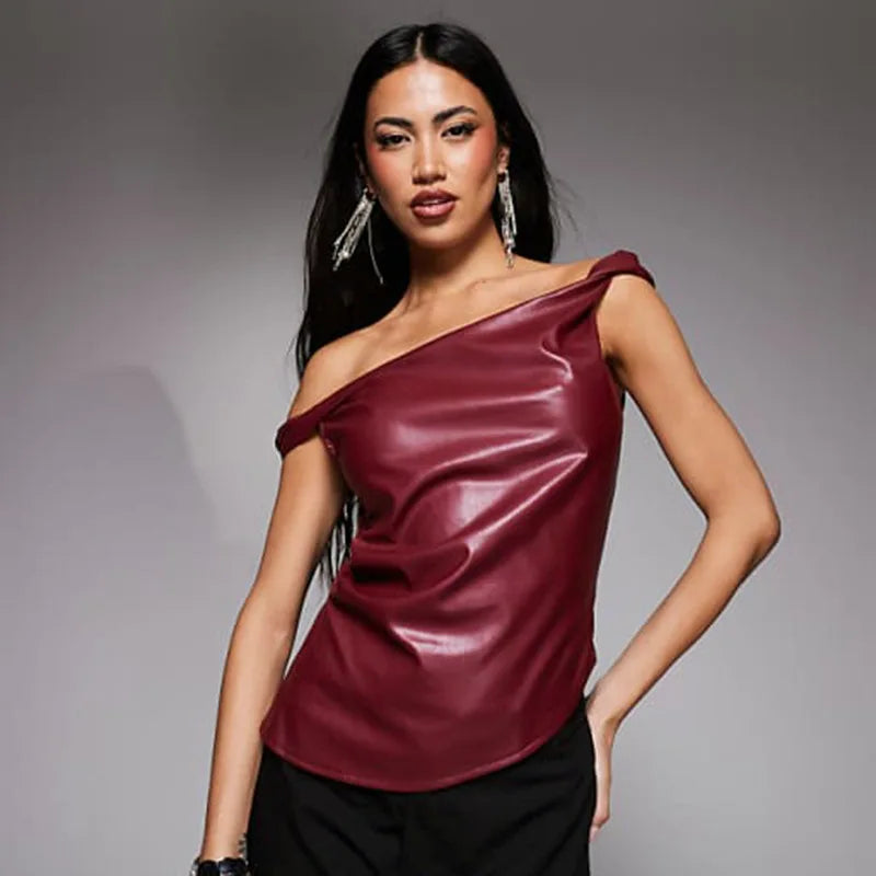 Women's Skew Collar Short Leather Sleeveless Pleated Pullovers Irregular Top