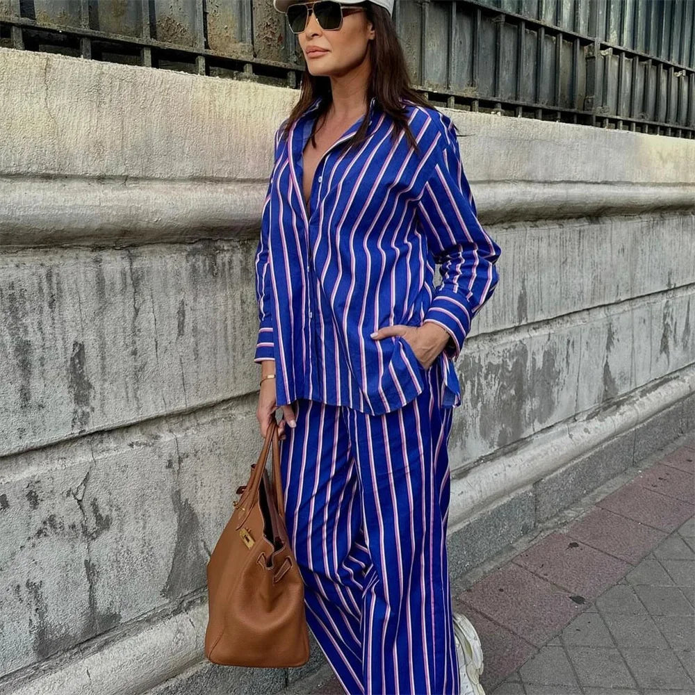 Summer Women's New Fashion Casual Long Sleeved Striped Loose Shirt High Waisted Long Pants Set