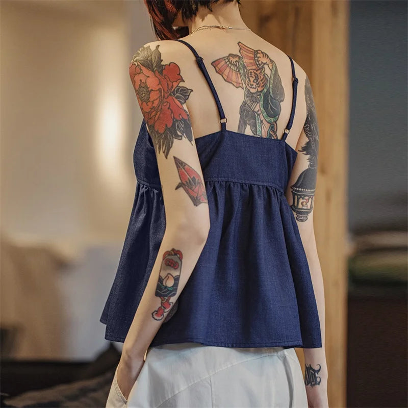 Women's Y2K Denim Vest Top - Blue V-Neck Sleeveless Tank with Ruched Details Summer Streetwear