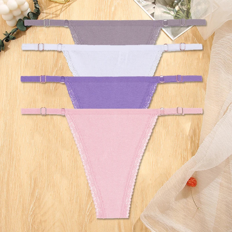 Women's Cotton Thongs 4-Piece Set - Adjustable Waistband Low-Rise Underwear