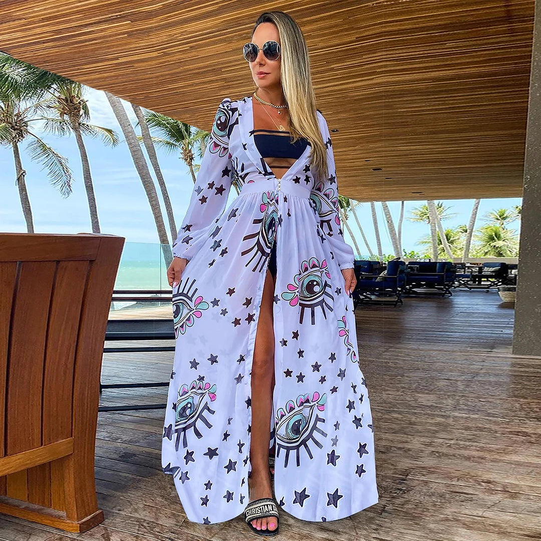 Women's Bikini Beach Cover up Tunics For Long Kaftan Swimsuit Cover Robe Swimsuit Cover-ups Print Beachwear