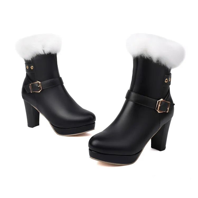 Studded Ankle Boots - 8cm High Heel with Plush Collar and Metal Belt