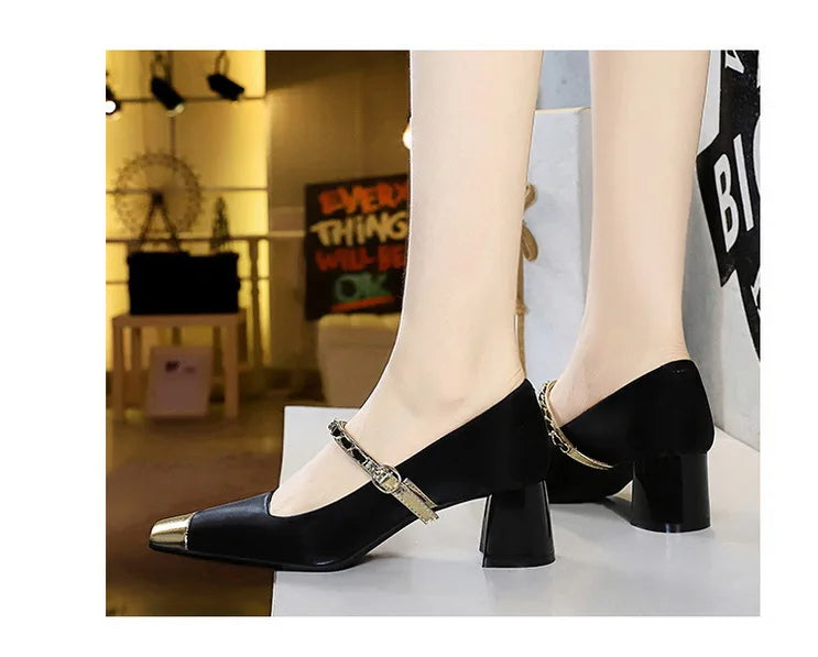 Women's Square Toe Metal Chain Temperament Mary Jane Middle Heel Shoes