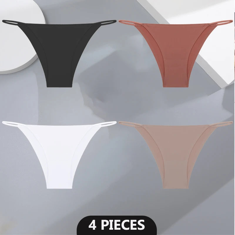 Women's 4Pcs/set Seamless Underwear Ice Silk Briefs Panties Thin Strap Lingerie
