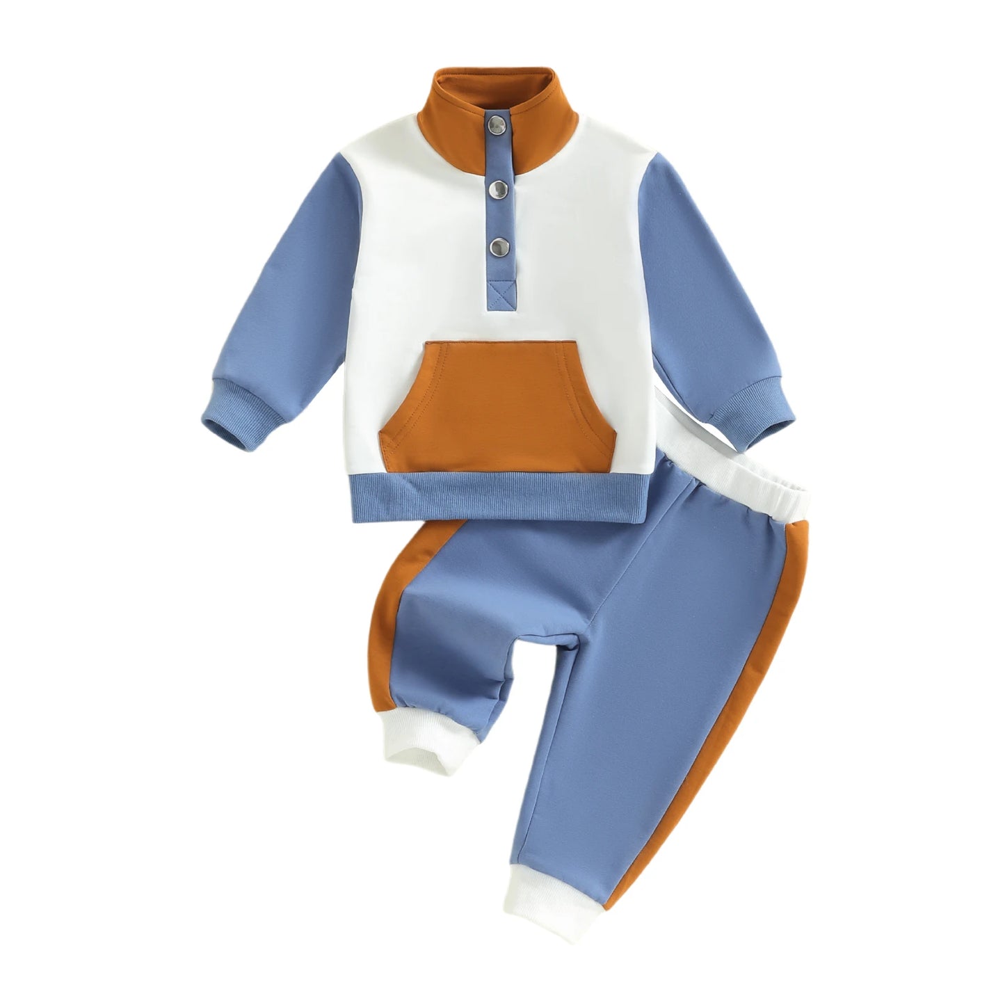 Toddler Kids Boys Girls Colour Patchwork Long Sleeve Stand Collar Pullover and Pants Set