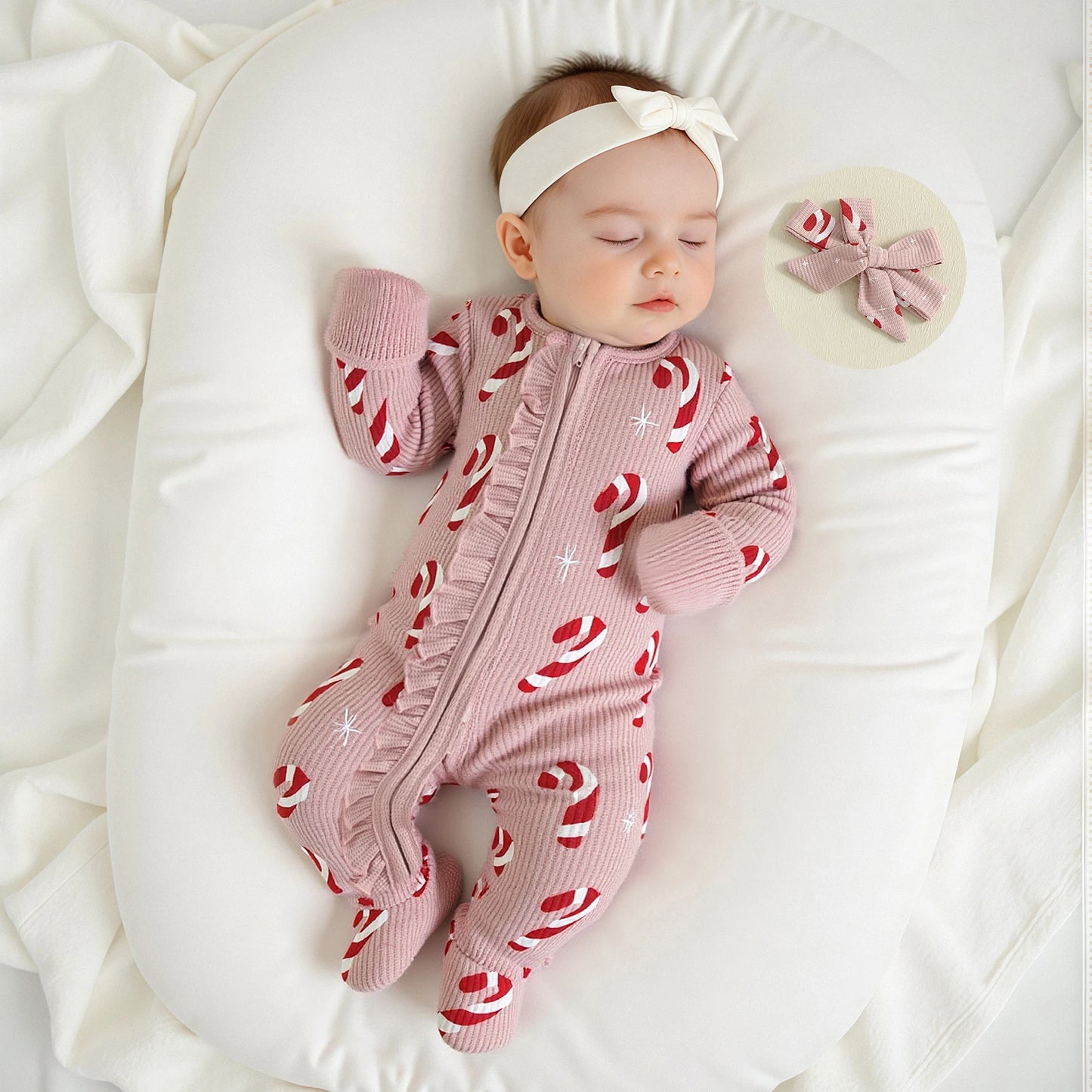 Baby Christmas Romper Set - Candy Cane/Gingerbread Print Oblique Zipper Jumpsuit & Headband