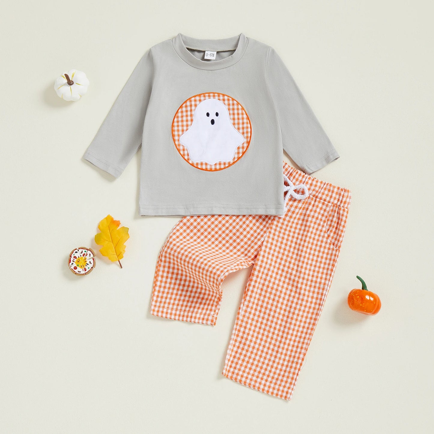 Toddler Boys Halloween Clothes Set - Ghost Embroidery Sweatshirt & Plaid Pants (0-4Y)