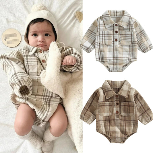 0-24M Infant Baby Boys Gentlemen Romper - Long Sleeve Turn Down Collar Plaid Printed Jumpsuit