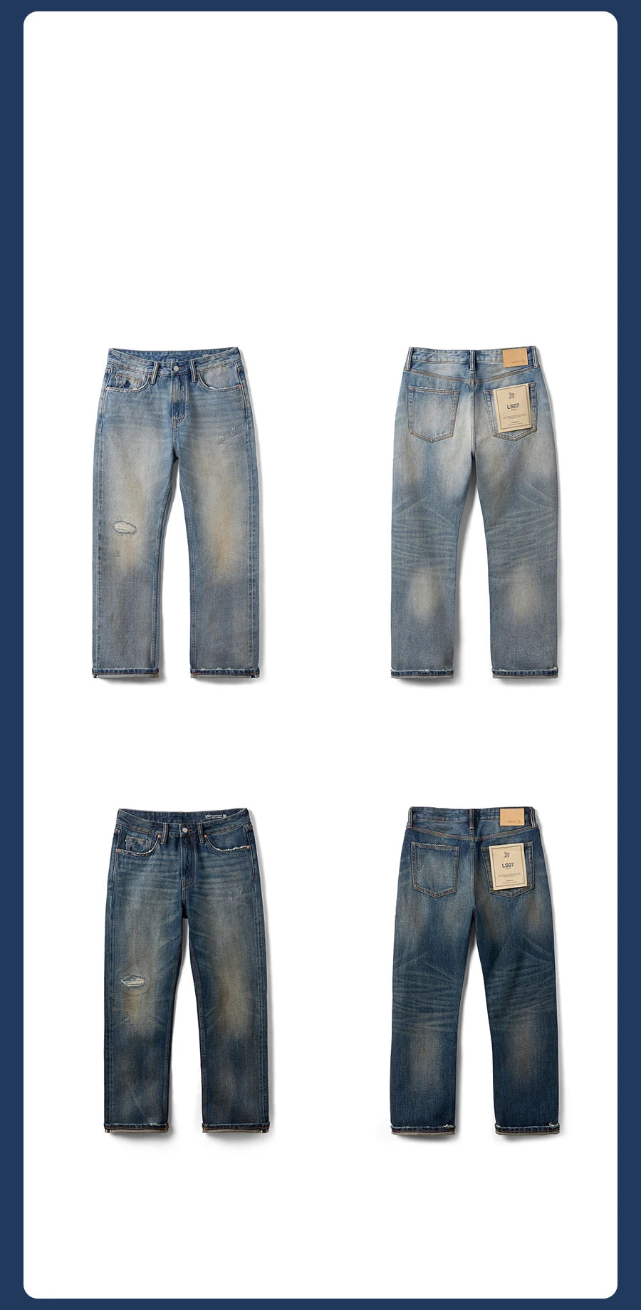 Men's Premium Selvedge Denim Jeans - 14.3oz Cotton Loose Straight Patchwork