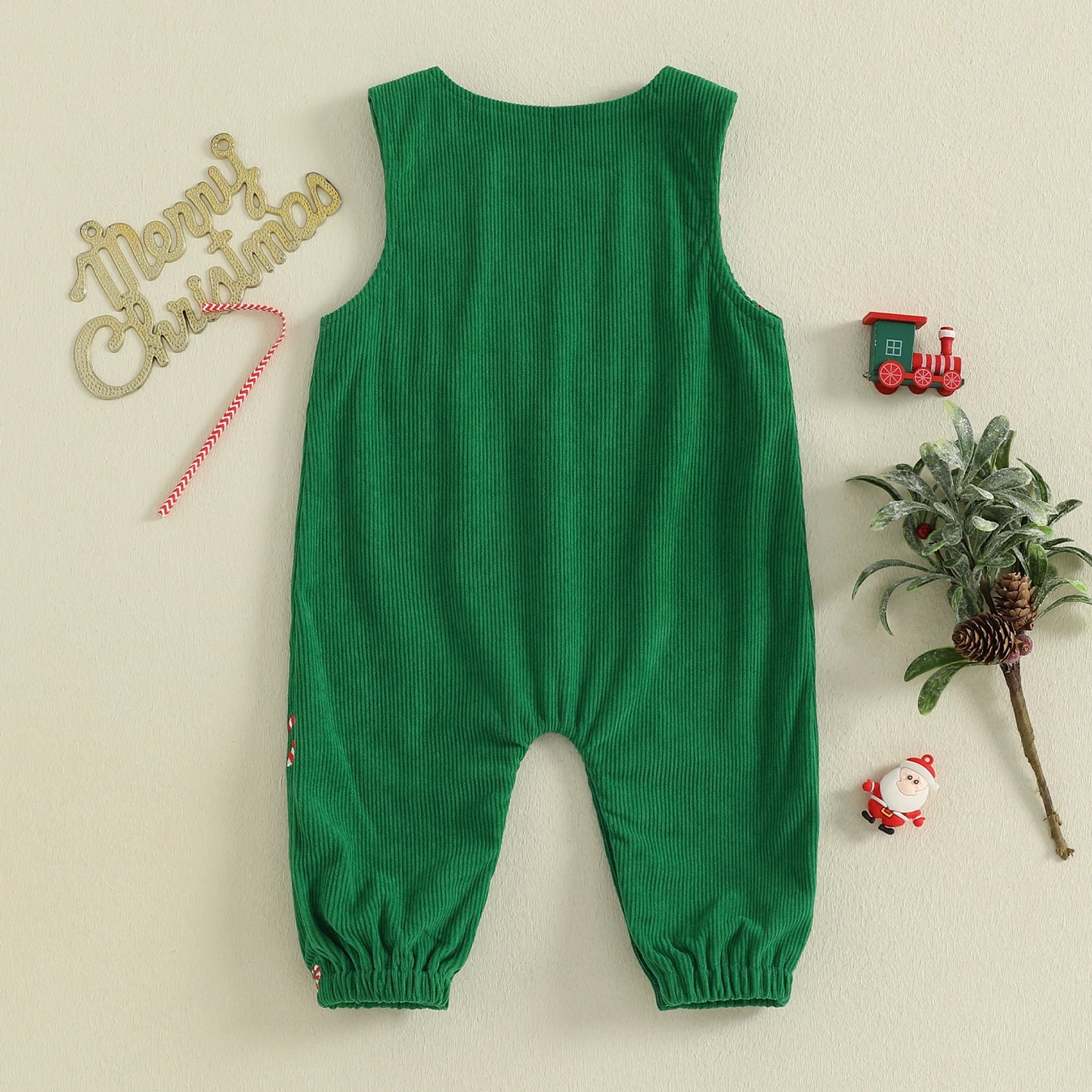 Newborn Baby Boys Christmas Romper - Sleeveless Round Neck Candy Cane Embroidery Jumpsuit