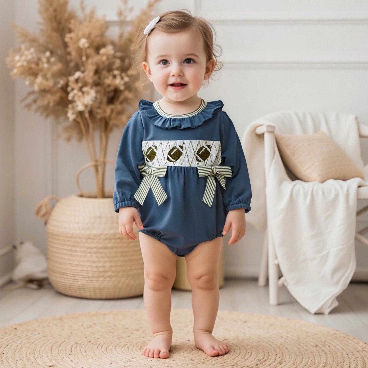 Baby Girls Autumn Winter Romper - Football Embroidery Ruffled Bubble Jumpsuit with Bow (0-18M)