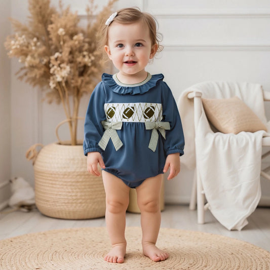 Baby Girls Autumn Winter Romper - Football Embroidery Ruffled Bubble Jumpsuit with Bow (0-18M)