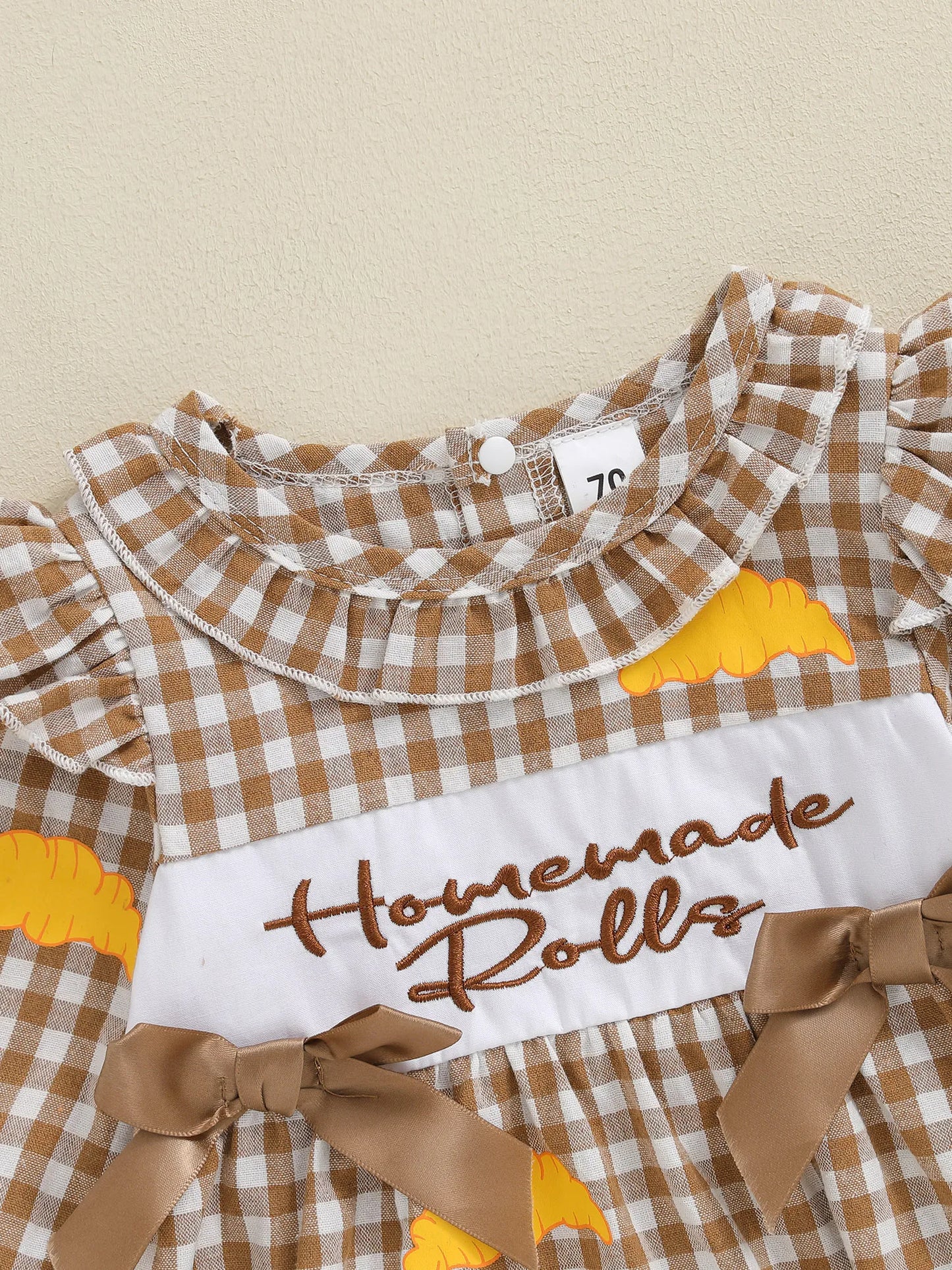 Baby Thanksgiving Romper - Long Sleeve Plaid Print Turkey Embroidery Bubble Jumpsuit