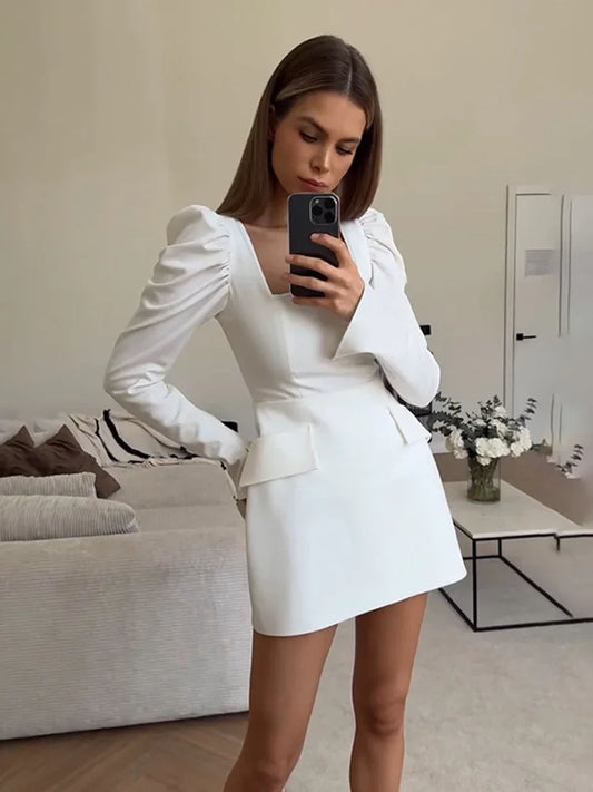 Women's Square Collar Long Sleeve Mini Ruched Elegant Bodycon Pockets Splice Dress