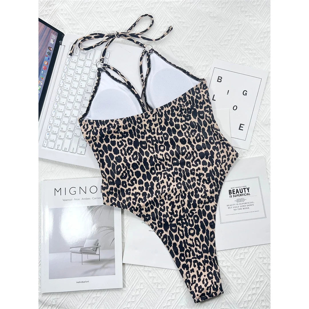 Leopard Metal Rings Halter Cut Out Monokini