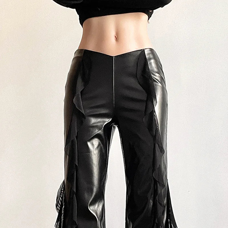 Women's Mesh Splicing PU Flare High Waist Slim Fit Black Long Trousers