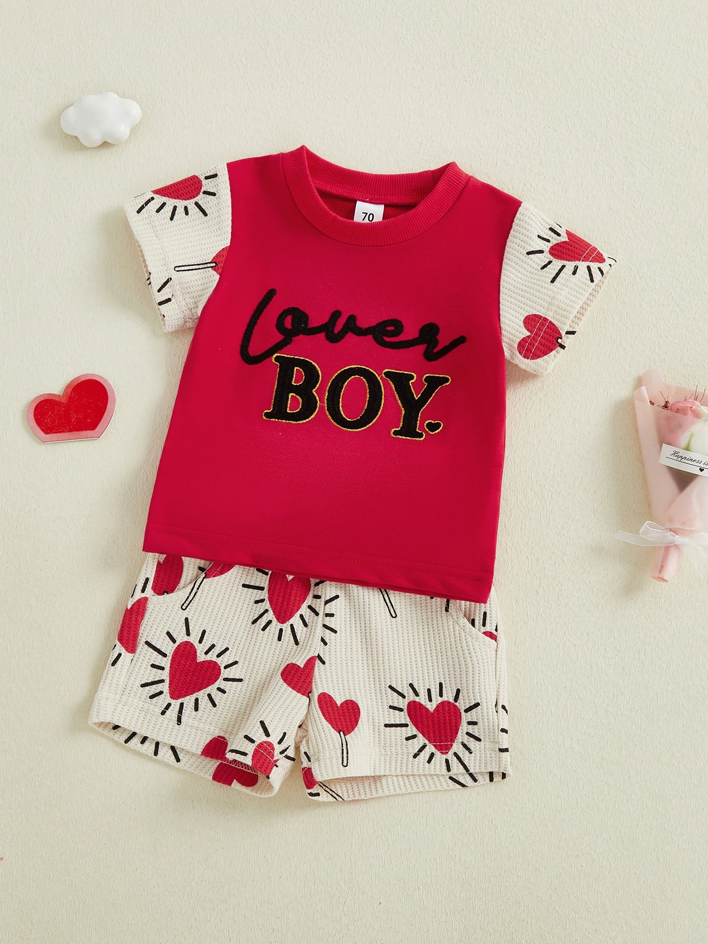 Toddler Boys Valentine's Day Outfit Set - Letter Embroidery T-Shirt & Candy Heart Shorts