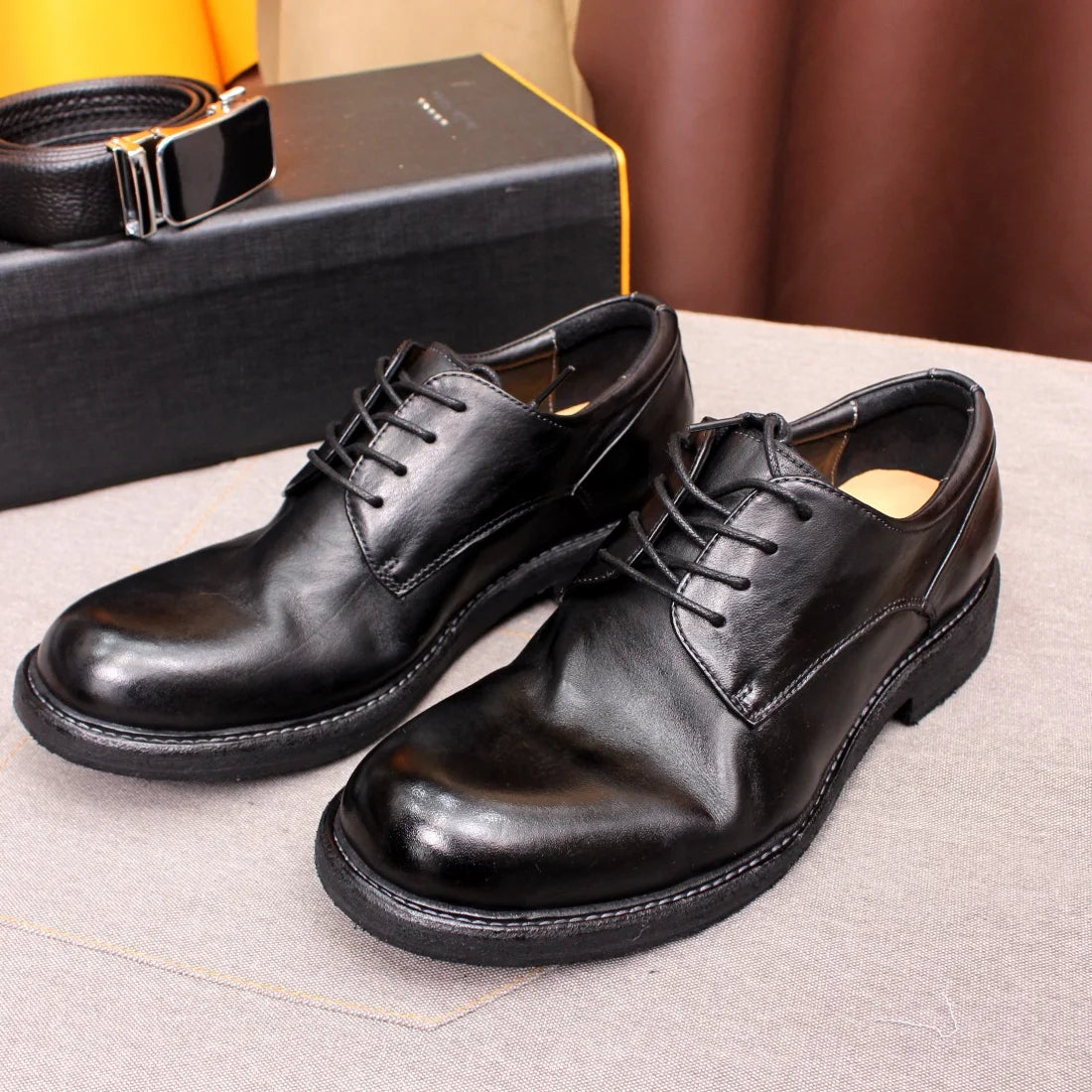Men's Handmade Goodyear Sewn Comfortable Derby Formal Soft Leather Genuine Leather Round Toe Non-slip Casual Shoes