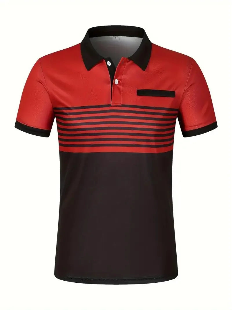 Men's Summer Polo Patchwork Short Sleeve Smart Casual Striped Turn Down Collar Shirt