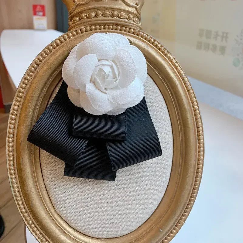 Elegant Fabric Bow Tie Brooch - Camellia Flower Design Collar Pin