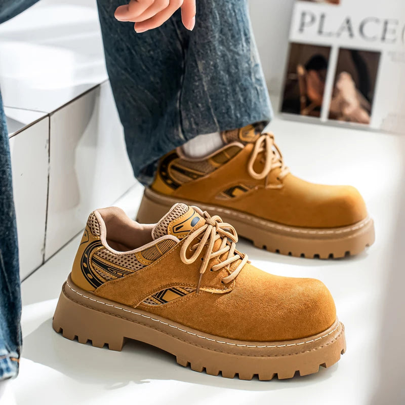 Men's Platform Suede Sneakers - Lace-Up Casual Outdoor Shoes