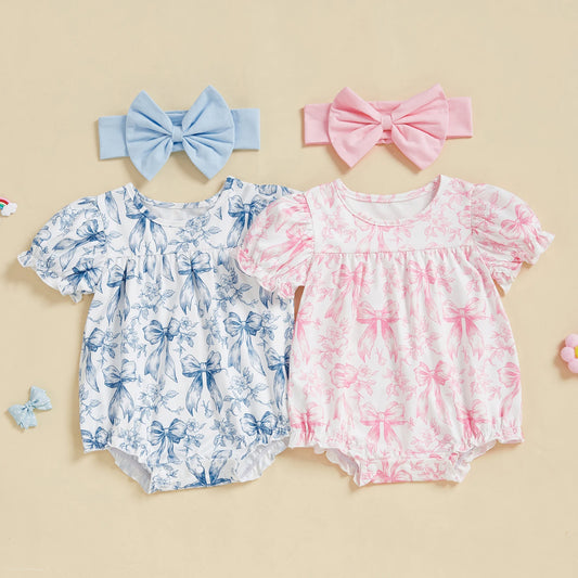 Baby Girls Bow Print Romper with Headband Set (0-18M)