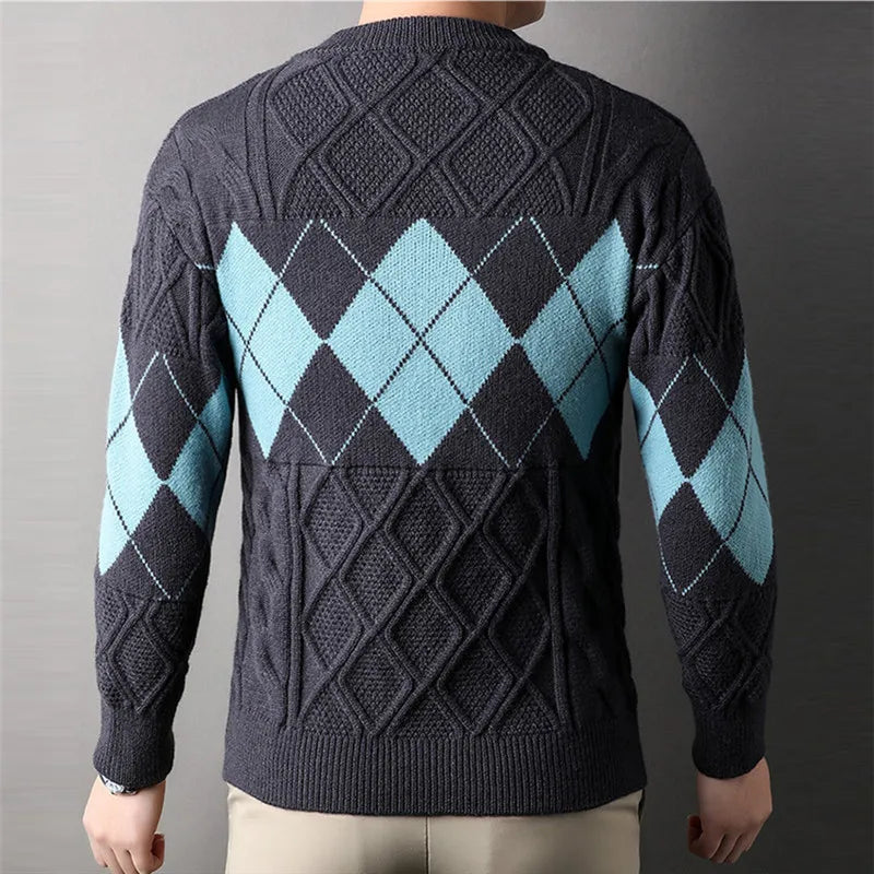 Men's Argyle Mock Neck Knitted Sweater - Warm Casual Pullover