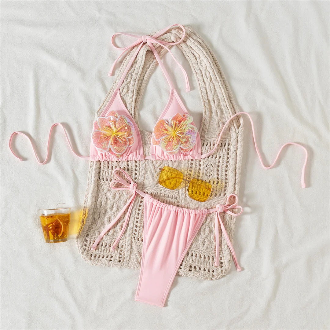 3D Flowers Halter High Leg Bikini Set