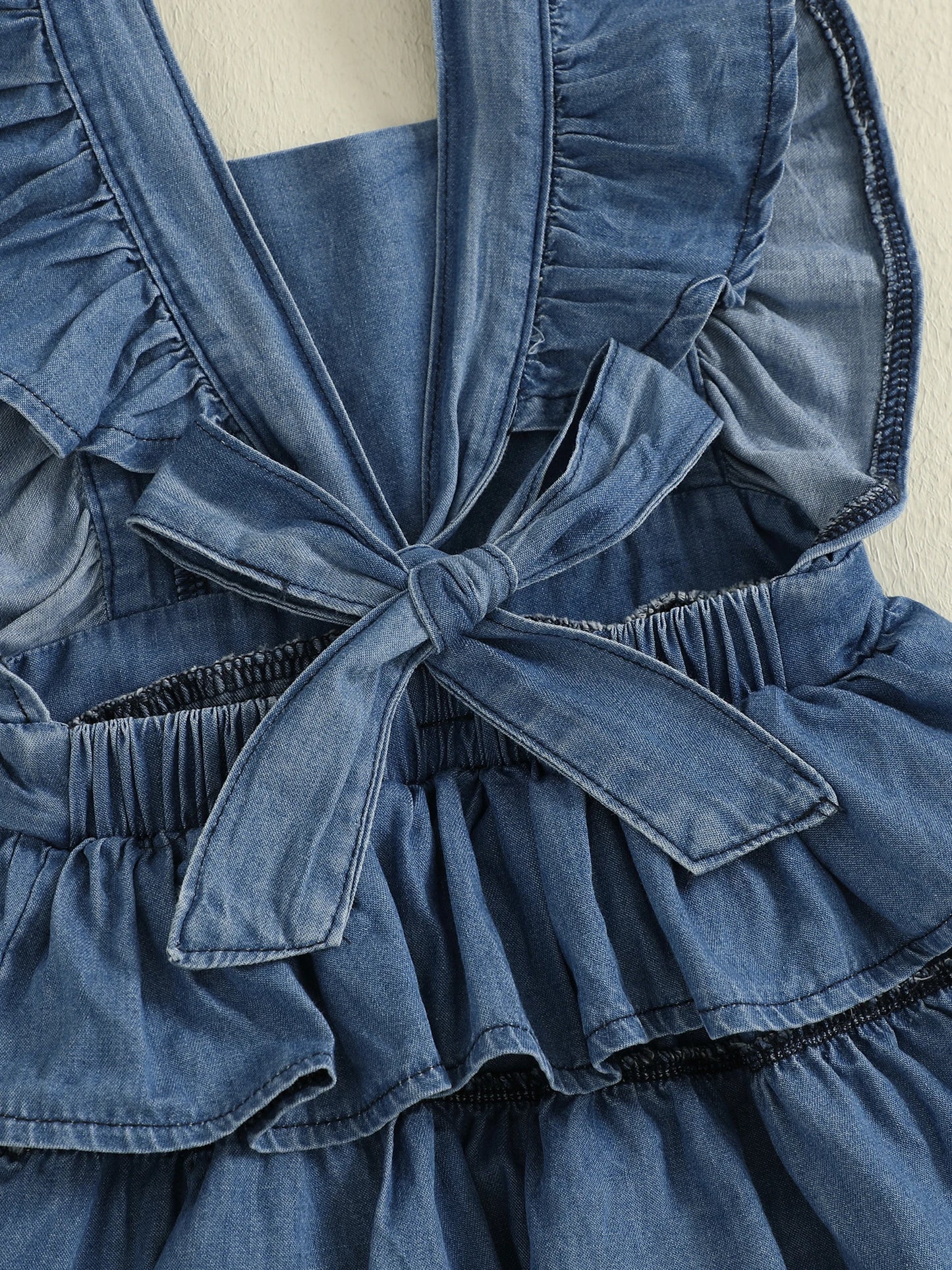 Baby Girls Denim Romper Dress Set - Ruffles Fly Sleeve Layered Jumpsuit with Bowknot Hairband