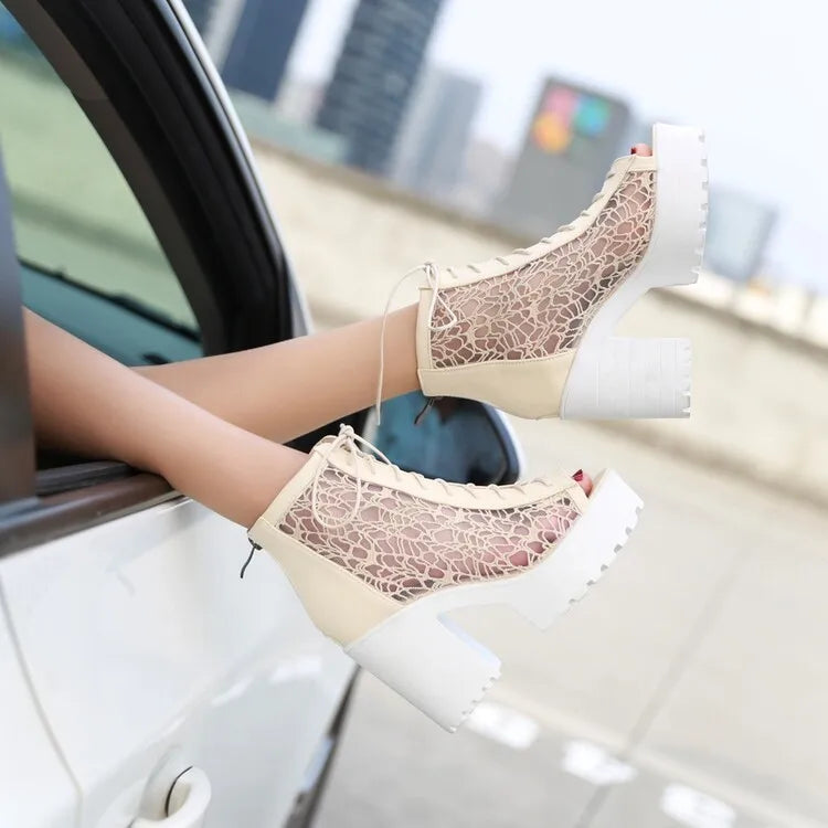 Women's Open Toe Summer Short Back Zipper Leather Mesh Hollow Cool Boots