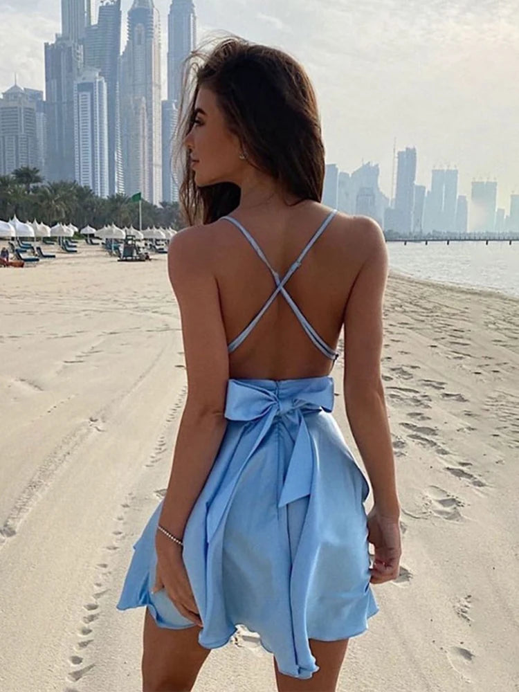 Women Satin Backless Sleeveless Straps Wrap Mini Dress