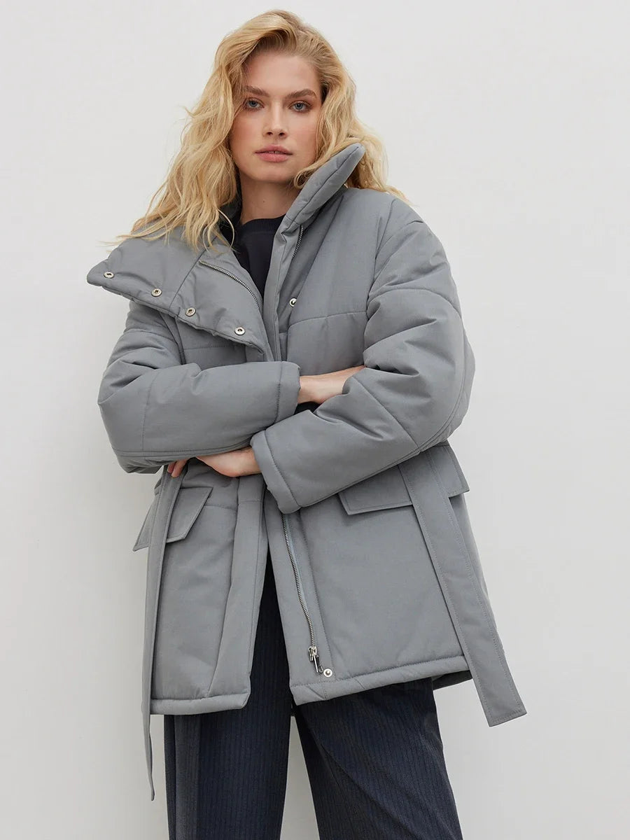 Women's Quilted Loose Parkas Coat Vintage Belted Puffer Jacket