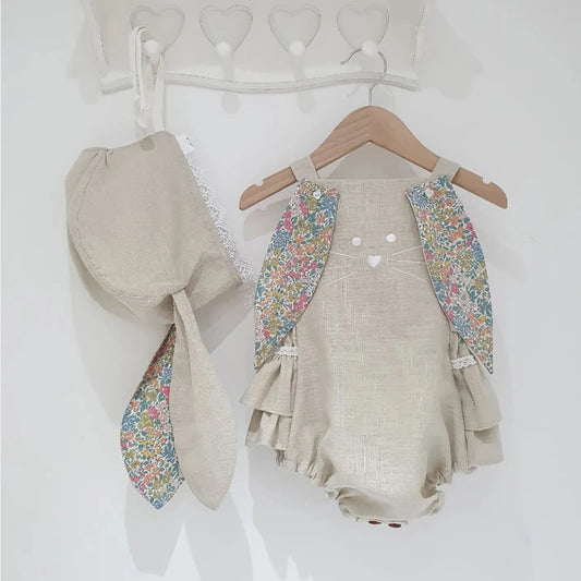 Easter Days Baby Girls Boys Romper 2pcs Cartoon Rabbit Floral Printed Sleeveless Bunny Ear Jumpsuit