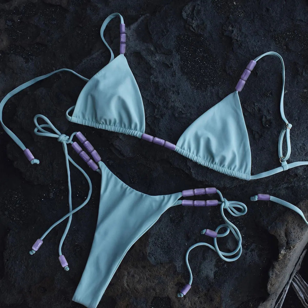 Women's Deep V-Cut Halter Bikini - Beaded Thin Strap Swimwear
