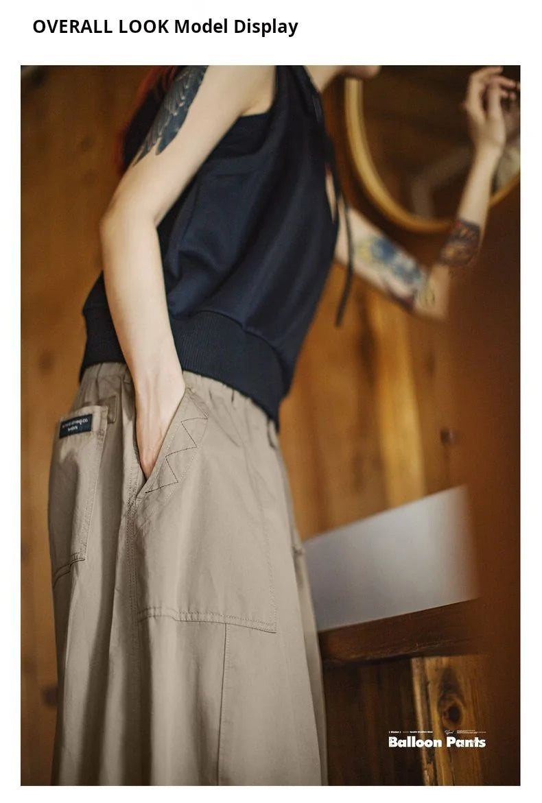 Women's Wide Leg Cargo Trousers - Khaki Elastic Waist Pocket Pants