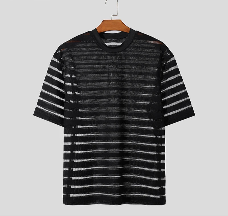 Men's Mesh Striped Round Neck Short Sleeve Transparent T-Shirt