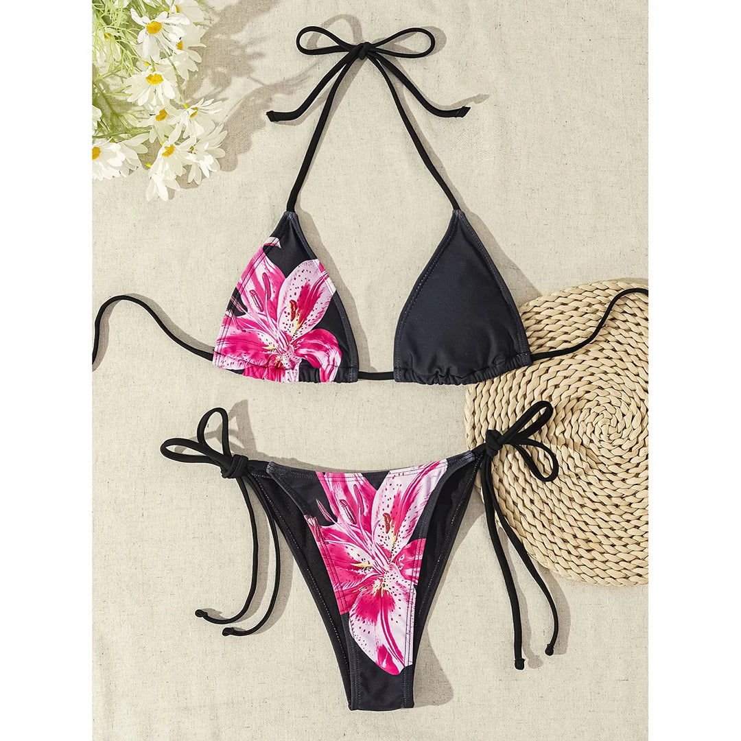 Floral Leopard Halter Bikini Set