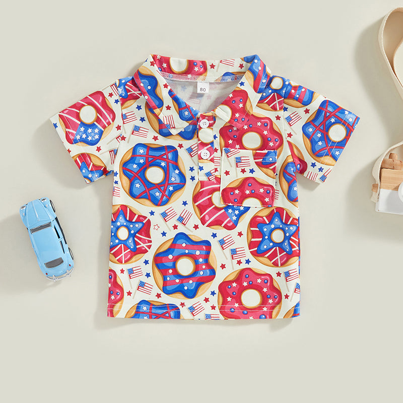 0-4Y Toddler Kids Boys T Shirt Short Sleeve Eagle/Donut/Bull/Fireworks Print Pullover Tops for Independence Day
