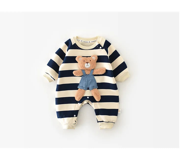 Baby Rompers Thicken Lining Striped Jumpsuits Bear Outfit