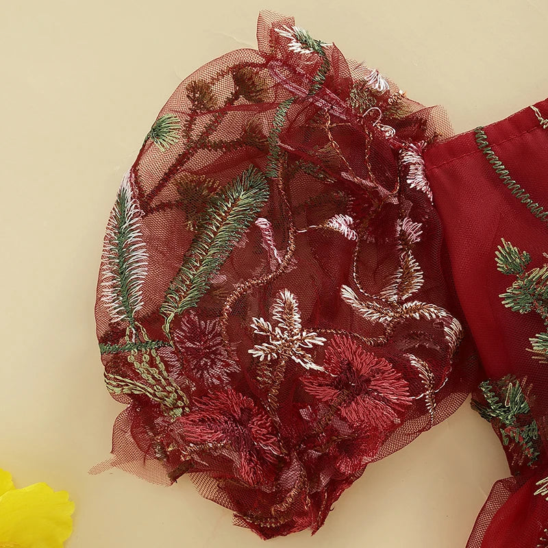 Baby Girls Princess Romper Dress - Flower Embroidery Mesh Skirt Bodysuit