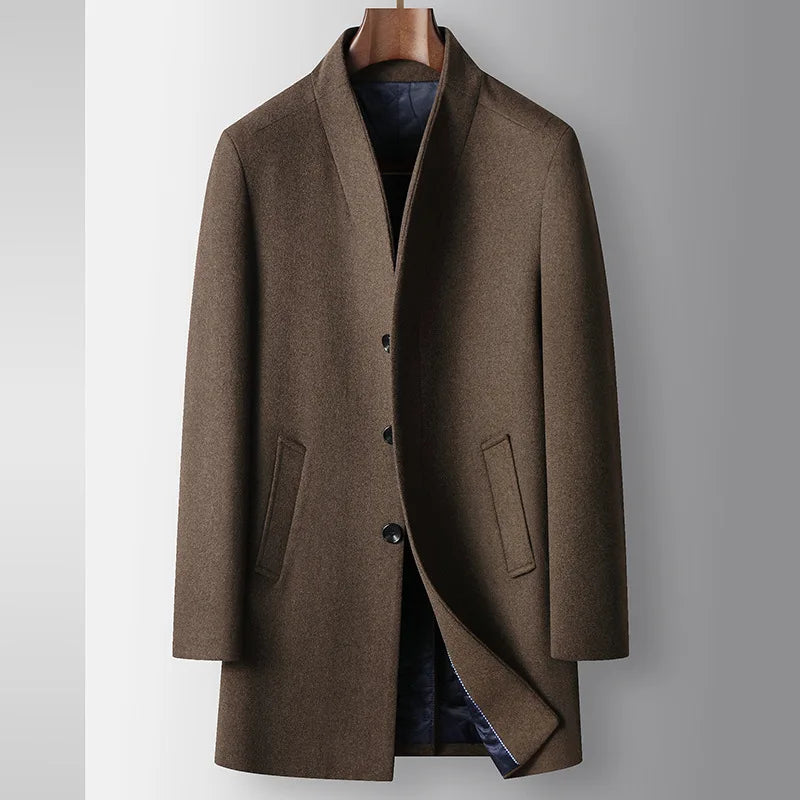 Men's Stand Collar Woollen Coat - Smart Casual Long Wool Blend Trench for Autumn Winter