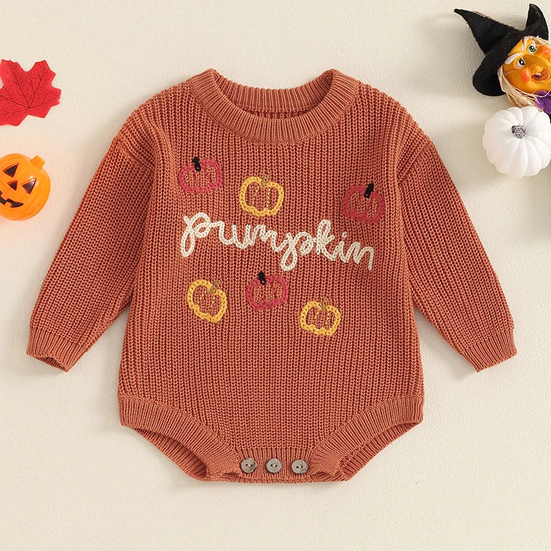 0-18M Baby Girls Boys Halloween Sweater Romper - Long Sleeve Letter Pumpkin Embroidery Jumpsuit