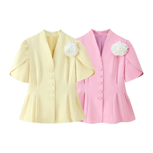 Women's Floral V-Neck Suit Jacket - Waist Cinching Short Sleeve Blazer with Handmade Details