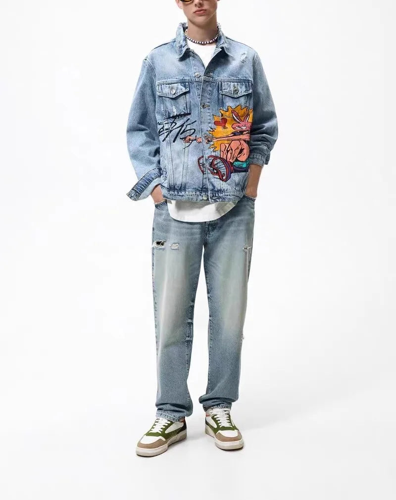 Men's Spring and Autumn Print Denim Jacket