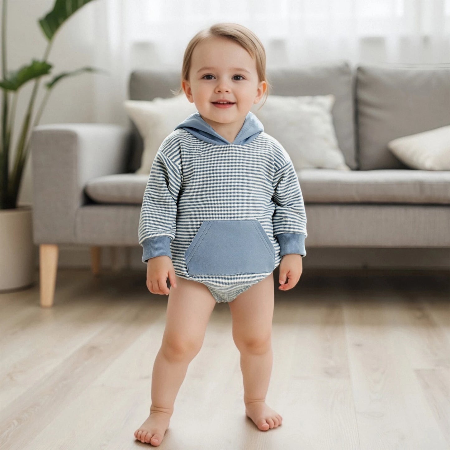 Newborn Baby Boys Fall Romper - Long Sleeve Hooded Stripe Bodysuit with Front Pocket (0-18M)
