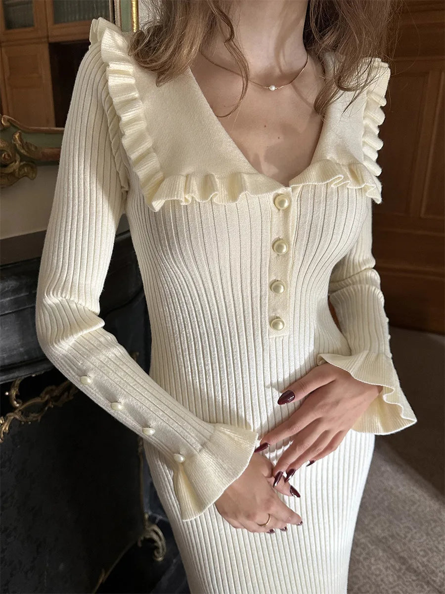 Women's Elegant Knitted Ruffle Trim Sweater Midi Dress