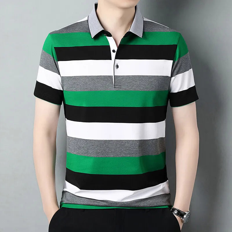 Men's Summer Striped Smart Casual  Short Sleeve Turn Down Collar Slim Fit Polo Shirt
